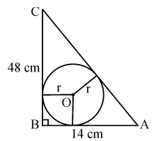  In the given figure, ABC is a triangle in which ∠B = 900, BC = 48 cm and AB = 14 cm. A circle is inscribed in the triangle, whose centre is O. Find radius r of in-circle. CBSE 2024 sample paper