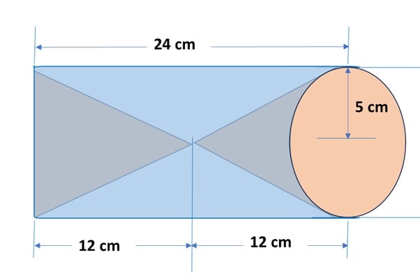 From a solid cylinder of height 24 cm and radius 5 cm, two cones of height 12 cm and radius 5 cm are hollowed out. Find the volume and surface area of the remaining solid.