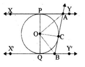 with point of contact C intersecting XY at A and X′Y′ at B. Prove that ∠ AOB = 90°