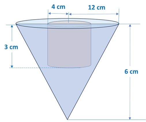 From a solid right circular cone, whose height is 6cm and radius of base is 12cm, a right circular cylindrical cavity of height 3cm