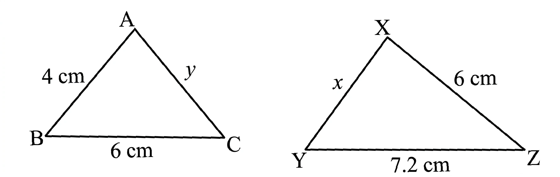In the figure given above, △ ABC ∼ △XYZ, then find the values of x and y.