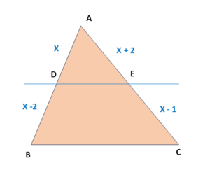 In △ABC, DE ∥ BC. If AD = x, DB = x − 2, AE = x + 2 and EC = x − 1, then find the value of x.
