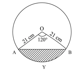 Find the area of the segment AYB shown in the figure, if the radius of the circle is 21 cm and angle AOB = 120 deg . [Use pi = 22/7]