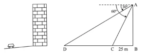 Tejas is standing at the top of a building and observes a car at an angle of depression of 30° as it approaches the base of the building