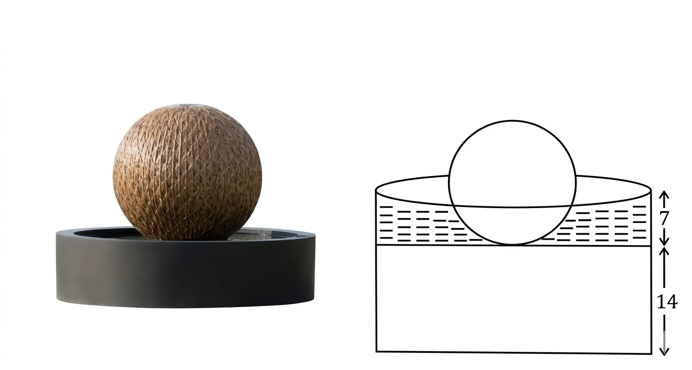 A model of Leafy Ball Fountain is made to be kept on the tabletop. Water gently cascades down the ball into a decorative cylindrical pool where it is recycled.
