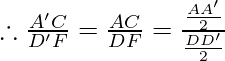 \therefore \frac{A'C}{D'F} = \frac{AC}{DF} = \frac{\frac{AA'}{2}}{\frac{DD'}{2}}